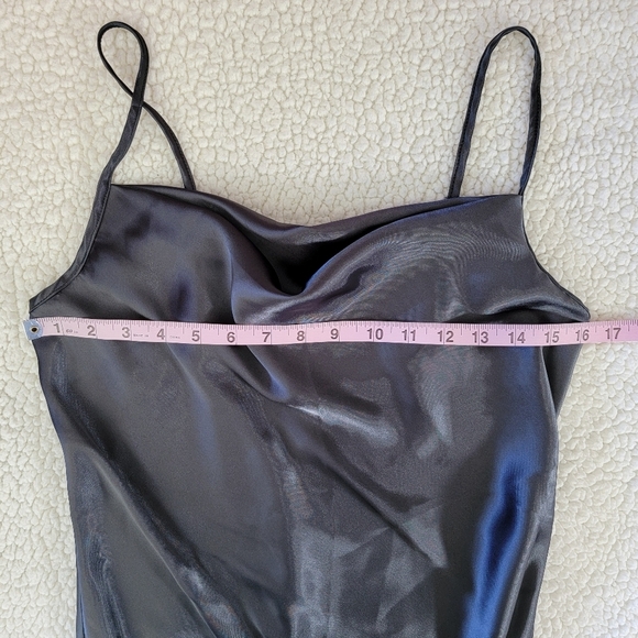 Bebe Satin Long Sleeveless Slip Dress Cowl Neck Dark Gray Pewter Y2K Size M - Picture 10 of 11